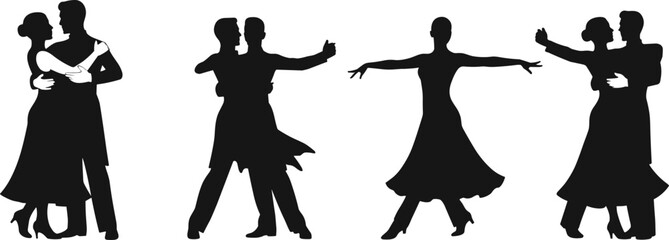 Ballroom dancer silhouette vector, elegant couple dancing pose, formal attire illustration, graceful movement, black dance figures, romantic choreography, stock art