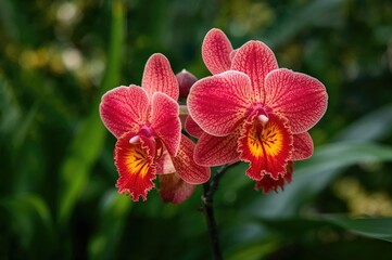 Obraz premium Bright red and yellow orchids blossoming with a lush garden background