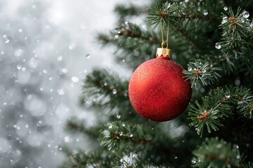 Obraz premium Crimson ornament hanging on a pine tree with snow-covered backdrop
