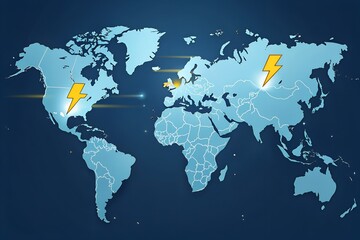Global Energy Impact Map Lightning Bolt Icons over USA, Europe, and Russia on Blue Digital World Background