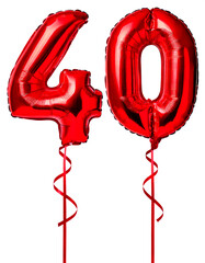 Fototapeta premium 数字の40の形の赤色の風船とリボン（Number 40 red foil balloon on white background） 