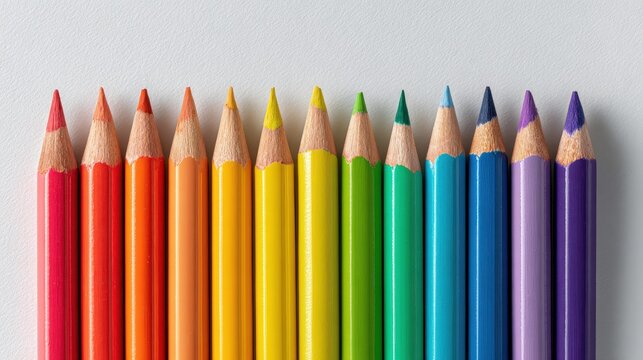 Close-up of a set of colored pencils in a spectrum gradient on a textured white surface.
