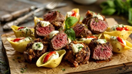 The steak pieces are drizzled with garlic oil and sprinkled with parsley. Pasta shells stuffed with a creamy mixture of red pepper, parmesan cheese and garlic powder. The dish is decorated with basil.