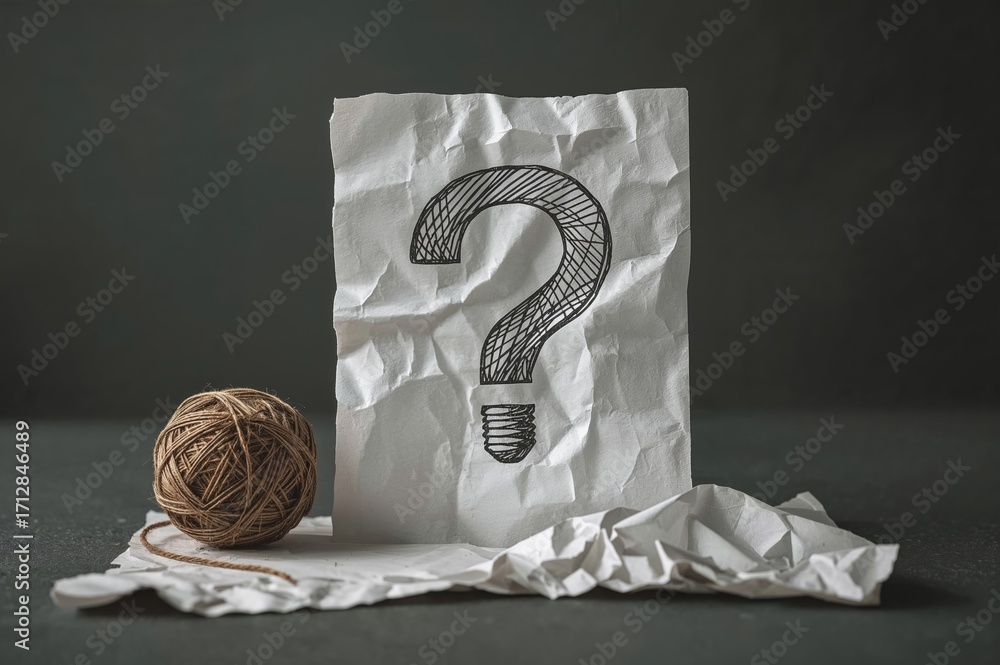 Aufkleber notes with a question mark and light bulb drawings alongside a ball of yarn on a dark surface.
