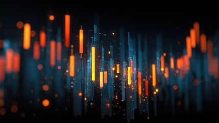 dynamic financial chart with glowing candlestick bars showing market trends and data visualization