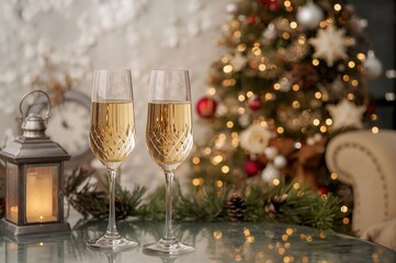 Picture of a pair of champagne flutes against a softly focused backdrop featuring a holiday tree, lantern, and clock