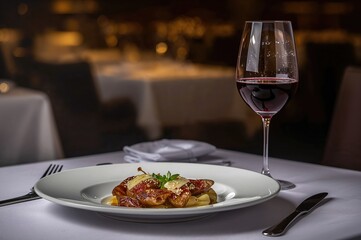 Dish served alongside a glass of red wine in a dining setting