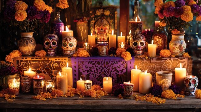 intricate day of the dead altar featuring glowing candles  marigolds  rustic celebration colorful