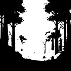 Silhouette Forest Scene with Tall Trees and Bright White Background.