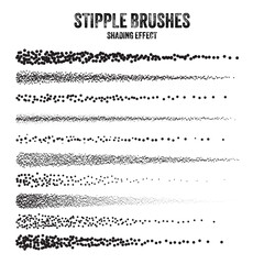 Ink scatter brush, stipple drawing and texturing. Fading gradient. Stippling, dotwork drawing, shading using dots. Halftone disintegration effect. White noise grainy texture. Vector illustration