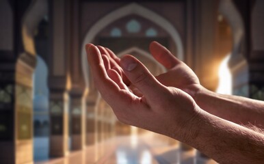 Hand of Muslim person praying with mosque