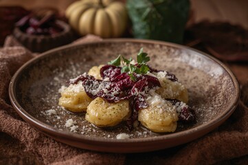 Gnocchi filled with radicchio and ricotta cheese