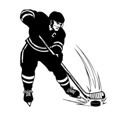 Obraz premium Black and white illustration of a hockey player skating and shooting puck on ice.