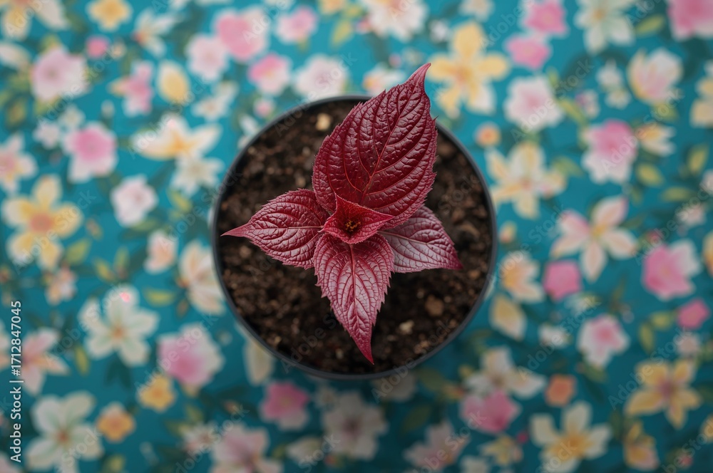 Poster decorative greenery featuring a single crimson leaf set in a soil-filled container with a textured f