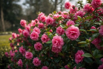 Obraz premium Close-up of vibrant pink Camellia japonica blossoms surrounded by lush green foliage.