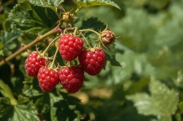 Fresh red raspberries growing on a plant, gardening and cultivation
