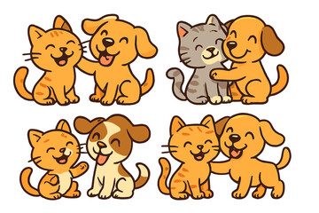 Set of cute cartoon cats and dogs hugging. Happy pets friendship concept. Vector illustration collection of puppies and kittens cuddling, smiling together with joy. Animal love.