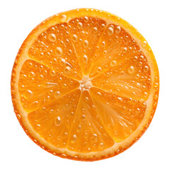 A close up of a vibrant orange slice covered in glistening water droplets against a black background