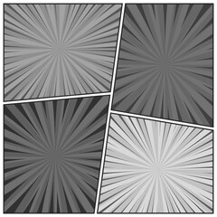 Comic book black and white radial lines collection. Cartoon comics background with motion, speed lines. Retro Pop Art style. Vector illustration