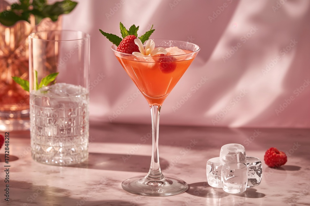Poster vodka-based raspberry martini featuring pineapple juice and raspberry liqueur, adorned with fresh mi