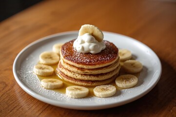Stack of yogurt-topped pancakes garnished with banana slices on a wooden surface