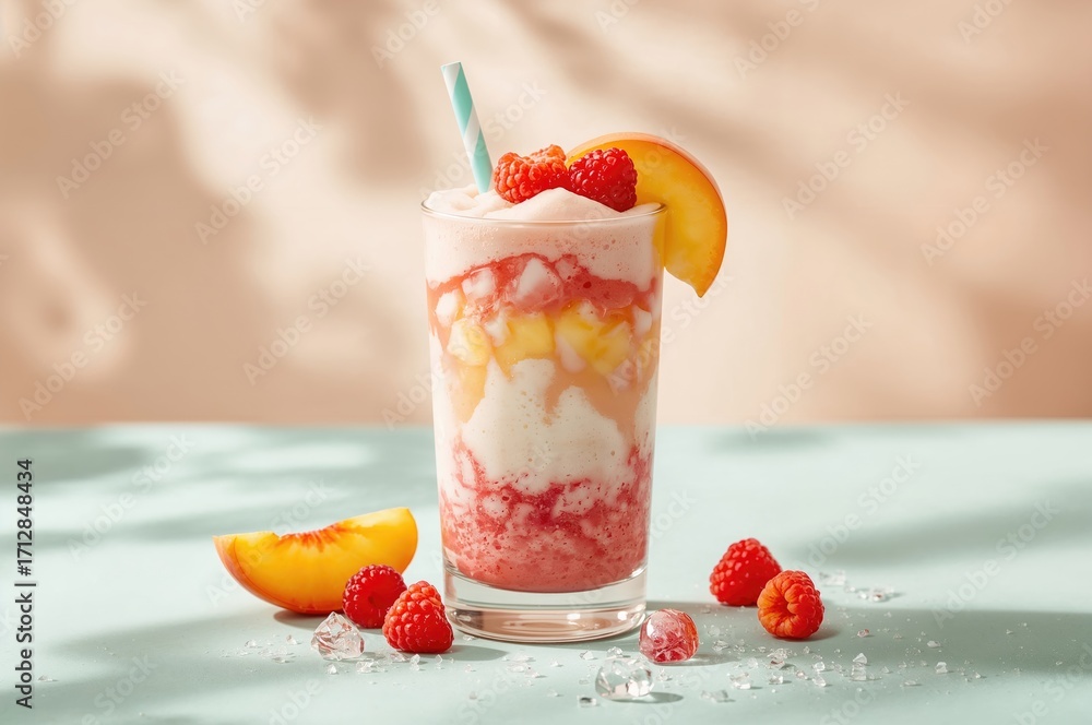 Poster refreshing summer drink with peach and raspberry smoothie