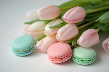 Obraz premium Softly colored tulips paired with bright macaroons create a cheerful and enchanting atmosphere ideal for festive occasions or happy times