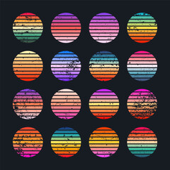 Grunge vintage colorful sunset. Striped gradient sunrise badges in 80s and 90s style. Sun and ocean view, summer vibes, surfing. Design element for print, logo or t-shirt. Vector illustration