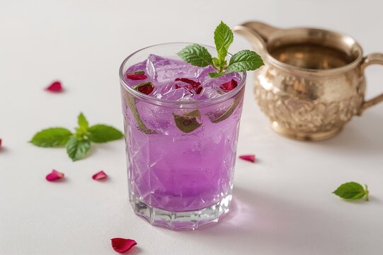 Glass and cruet filled with purple basil sherbet drink, close-up with light background