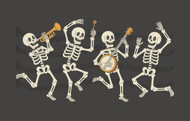 Dancing skeletons playing musical instruments with sheet music background, fun Halloween party illustration for spooky music poster, festive celebration, vector art design