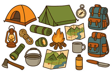Camping and hiking equipment icon set. Outdoor adventure travel gear collection. Vector cartoon illustration of tent, backpack, campfire, map, compass, and essentials.