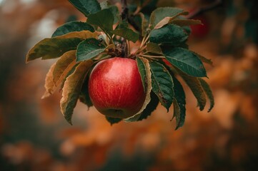 Crimson apple suspended from a tree limb against a soft-focus backdrop