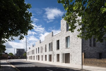 Naklejka premium Contemporary brick buildings rise majestically in an urban environment, all under a vibrant blue sky adorned with fluffy white clouds