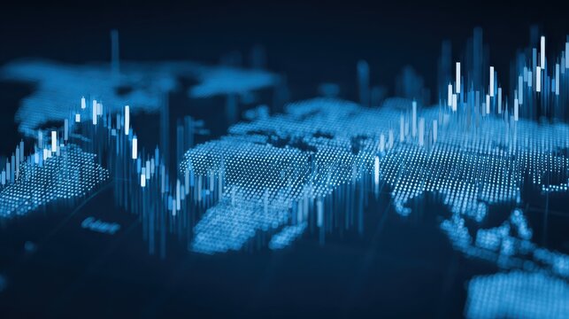 global stock market analysis displayed as bar chart and world map in blue hue - Powered by Adobe