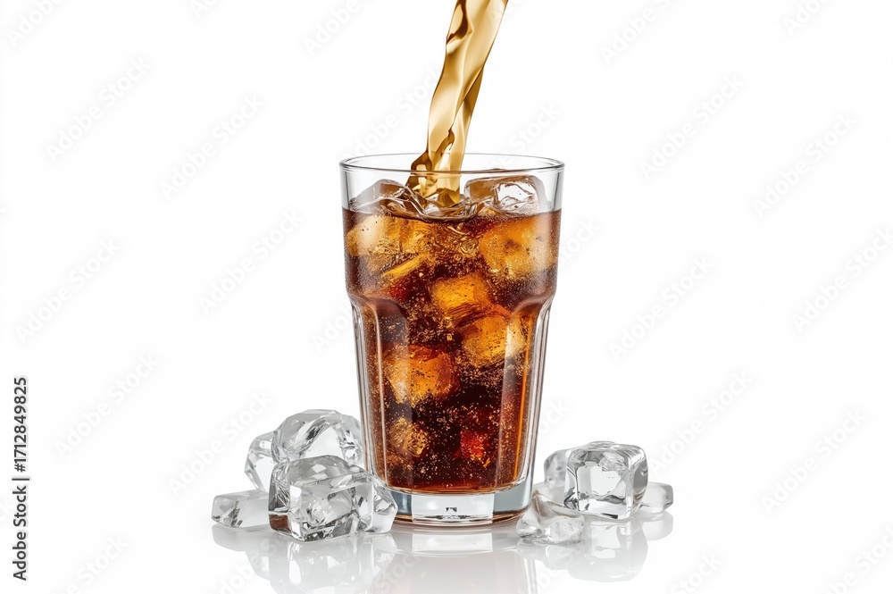 Poster glass filled with ice cubes being topped up with cola, white background with space for text