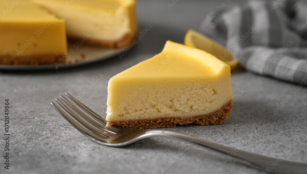 Aufkleber close-up of a delicious slice of lemon cheesecake with a fork on a textured grey surface