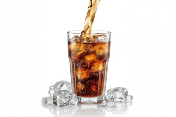 Glass filled with ice cubes being topped up with cola, white background with space for text