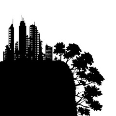 Silhouette of a Modern City Skyline with Trees and Buildings Black and White.