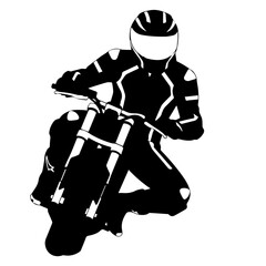 Silhouette of a Motorcyclist in Racing Gear Riding a Motorcycle Kneeling Pose.
