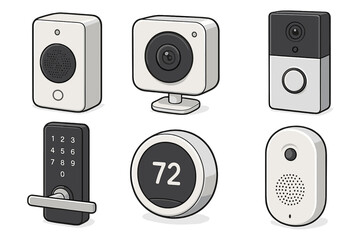 Smart home devices illustration collection with security cameras, video doorbell, smart thermostat, and keypad lock for modern connected living and home automation technology