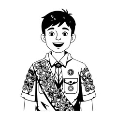 Smiling Boy Scout in Uniform with Merit Badges Black and White Illustration.
