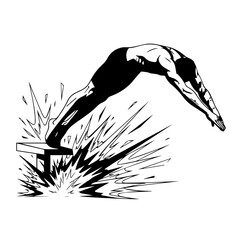 Silhouette of a Muscular Diver Performing a Graceful Dive into Water.