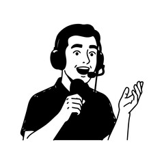 Smiling Broadcaster with Headset and Microphone Gesturing with Hand Black and White Illustration.