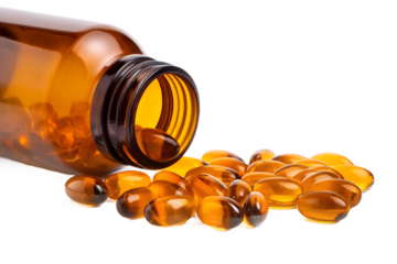 Amber bottle spilling translucent gel capsules isolated on a transparent background