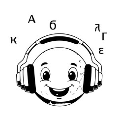 Smiling Cartoon Face Wearing Headphones with Greek Alphabet Letters Above.