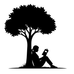 Silhouette of a Person Reading a Book Under a Shaded Tree.