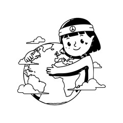 Smiling Cartoon Girl Hugging the Earth with Peace Sign Headband.