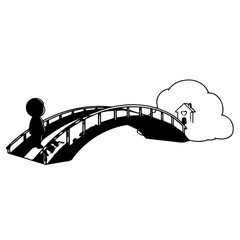 Silhouette of a Person Standing on a Curved Bridge Contemplating a Cloud House.