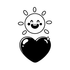 Smiling Cartoon Sun with Oval Rays and Shiny Black Heart Symbol.