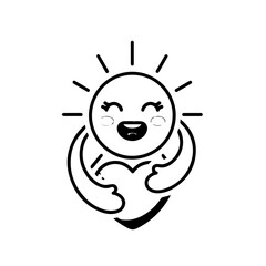 Smiling Cartoon Sun Character Embracing a Heart with Joyful Expression.